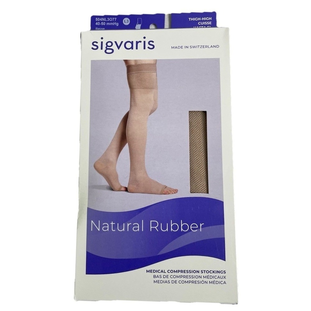 Sigvaris Natural Rubber‎ Open Toe Thigh High Beige Grip Top 40-50mmHG L3